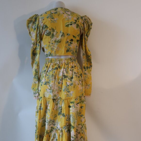 Womens Hemant & Nandita Yellow Green 2 Pc Set Floral Print Cropped Top Skirt S - Picture 13 of 16